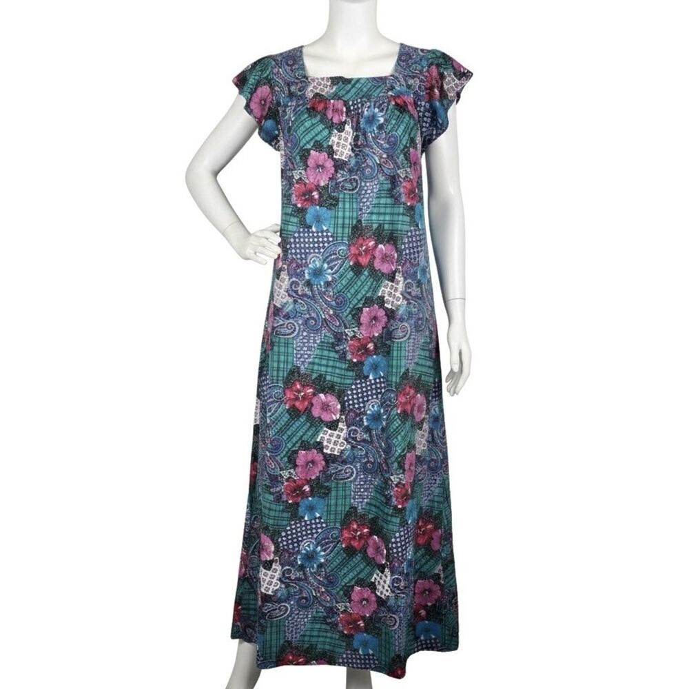 Vtg Hawaiian Maxi Dress M L Teal Floral Kaftan Resort Tent Tropical Pockets